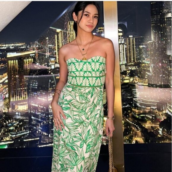 NEW Zara Linen Blend Strapless Midi Dress with Tropical Print, Size S - Picture 8 of 16